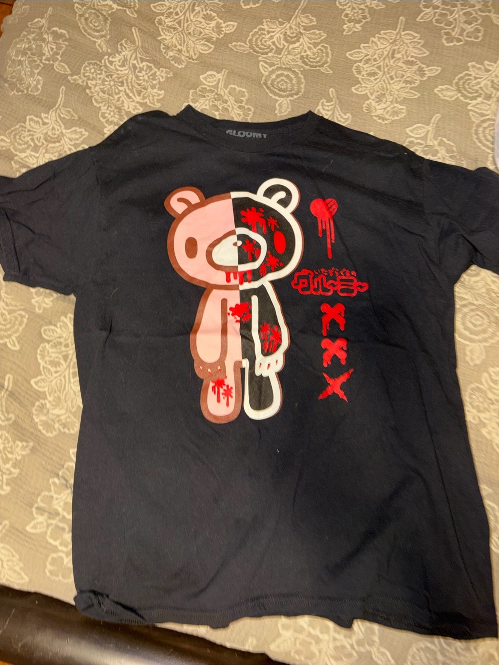 Black Graphic Bear Short Sleeve Tee with Pink & White Bear